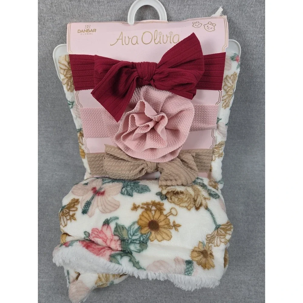 Ava Olivia BABY Chic Rose Plush Blanket Set & 3 Matching Head Wraps Gift NEW